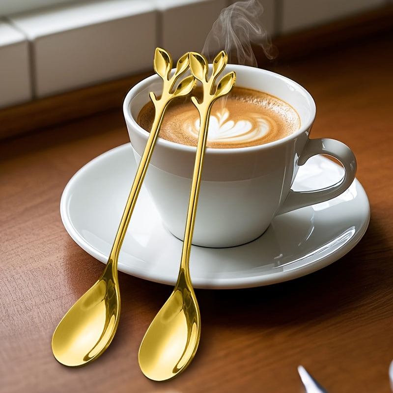 12-Piece Gold Stainless Steel Coffee & Dessert Spoon Set with Leaf Decoration – Polished Finish, Dishwasher Safe, Perfect for Stirring, Fruit