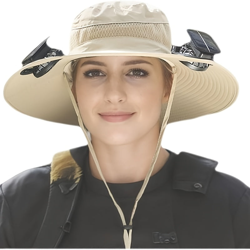 Solar Fan Sun Hat, Rechargeable with Charging Port, Summer Outdoor Wide Brim Bucket Hat, Adjustable Chin Strap, Breathable Mesh, Perfect for Outdoor Sports and Beach Activities