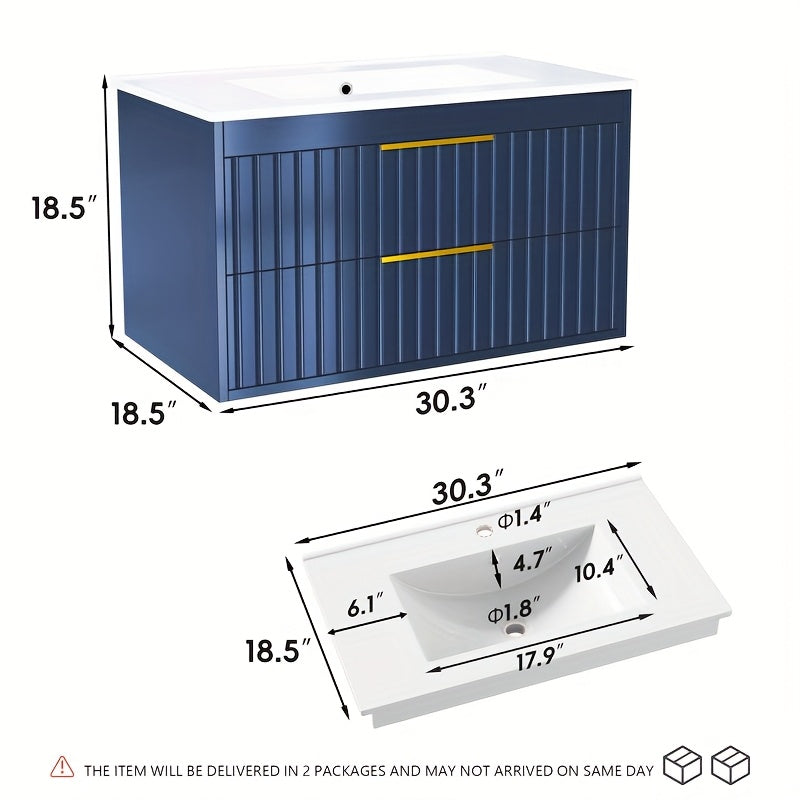 Bathroom Vanity with Sink - Wall Mount Floating Basin Cabinet, Soft-Close 2 Large Drawers, Modern Textured Stripe Design, Hidden Damping Drawers