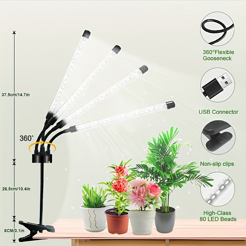 Full Spectrum Indoor Plant Grow Light, Built-in 80 LED Beads, Suitable for 15 to 60 Inch Plants, Equipped with Adjustable Tripod and 4 Lamp Heads
