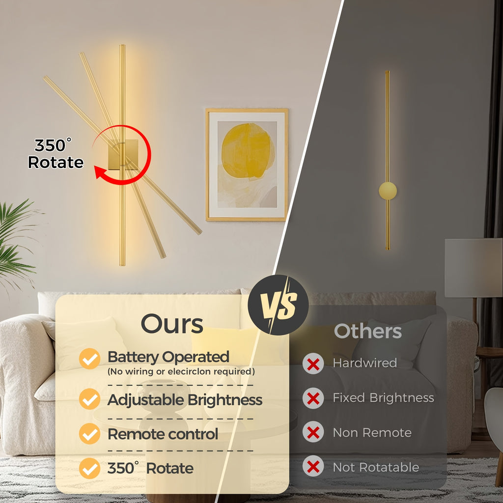 2-Pack Remote Control Linear LED Wall Light, 28-Inch Long Strip Stepless Dimming Wall Light All Gold Wall Light, for Stairs, Bedroom, Living Room Background Decoration, Metal Lamp Warm White Light, Rechargeable