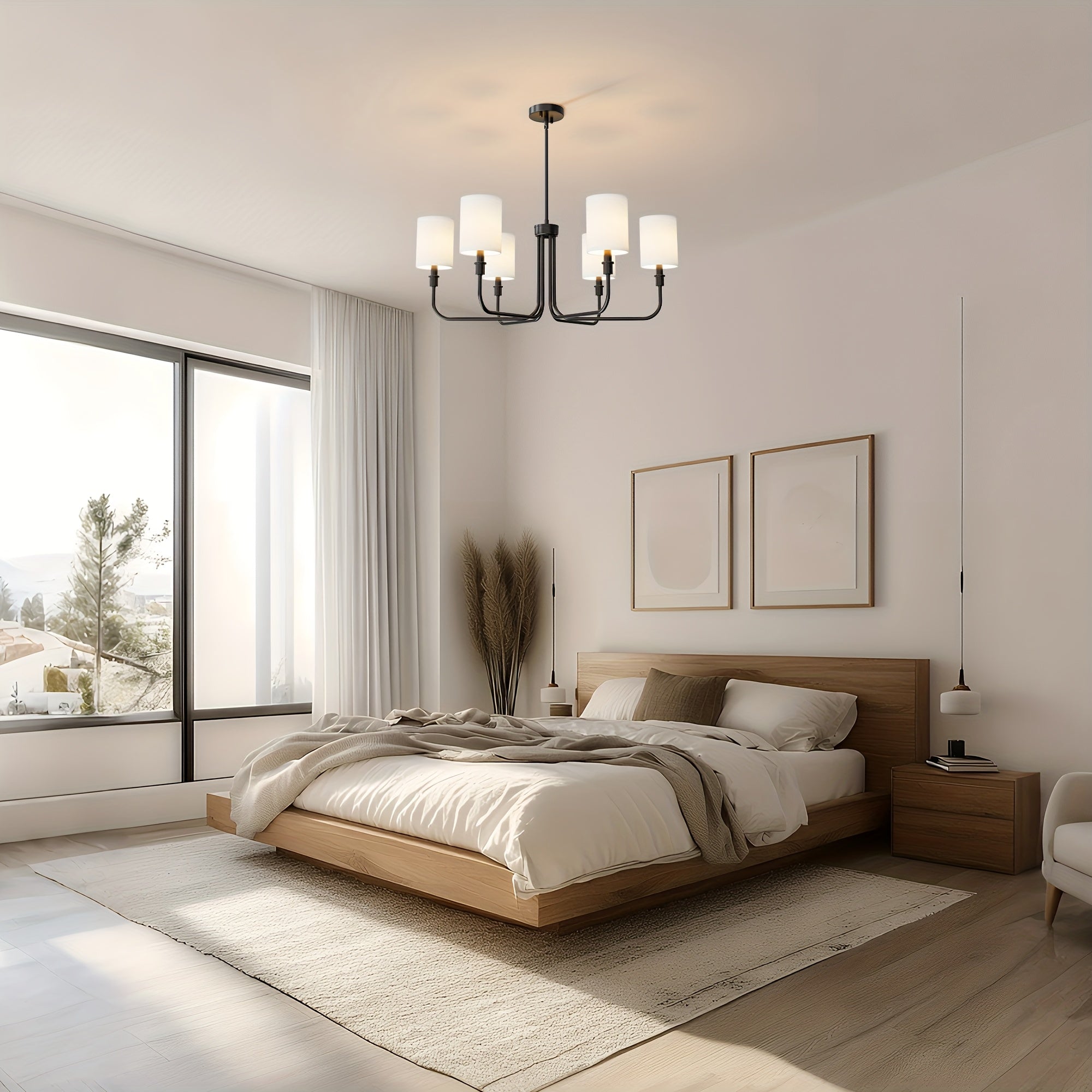 Modern 6-Light Black Pendant Light with Cylindrical Fabric Shade, Suitable for Dining Room, Living Room, Bedroom, Foyer - Industrial Vintage Style Pendant Light, E12 Socket Non-Integrated Light Source, Bulb Not Included
