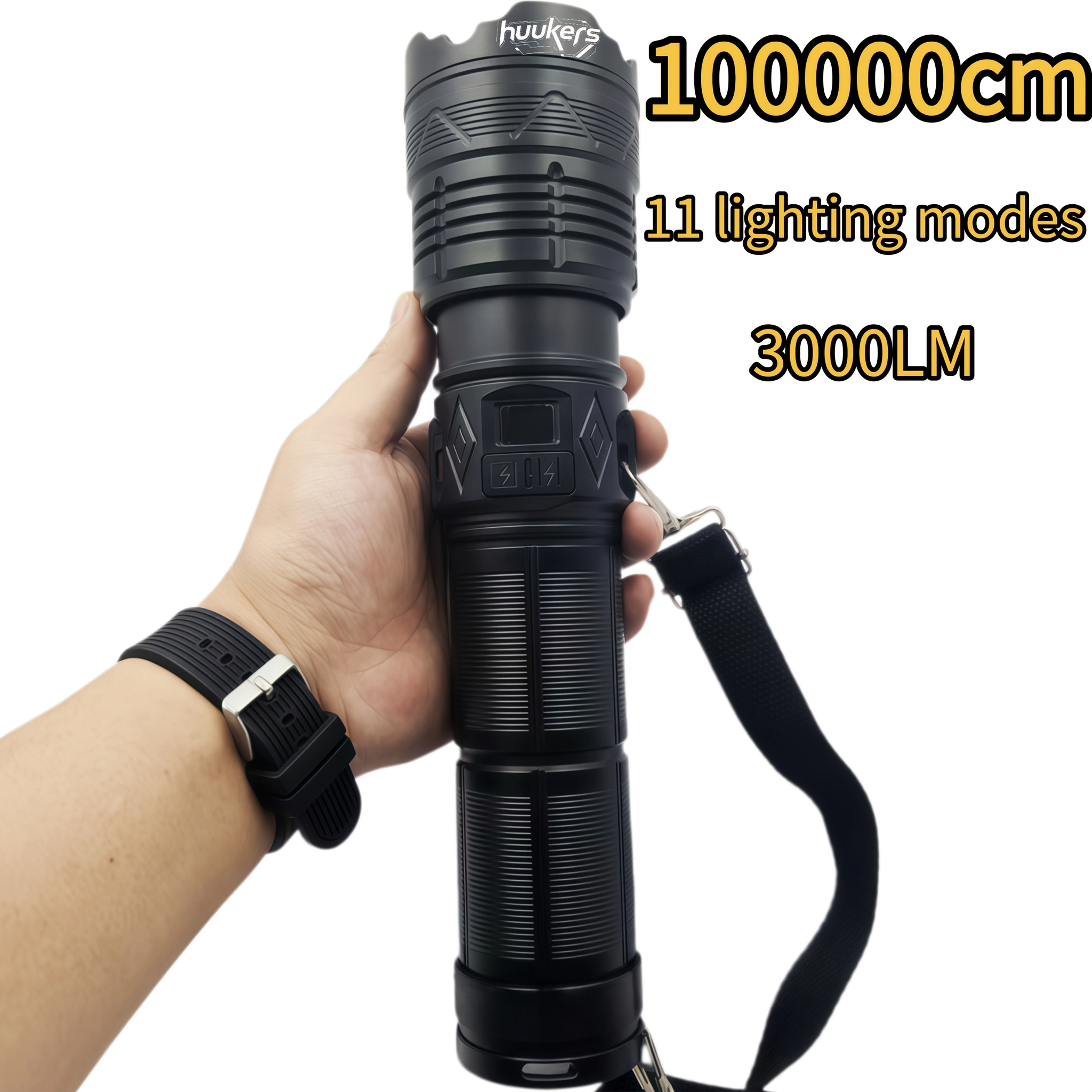 1-Pack Black High Lumen Tactical Flashlight, 11 Lighting Modes, 3000 Lumens, Red & Blue Lights, Includes Shoulder Strap, Digital Display Screen, Adjustable Zoom Beam, Ideal for Exploration