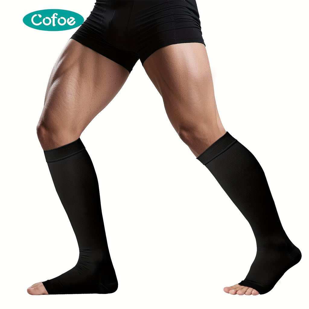 COFOE - 男女通用膝高压缩袜 22-32mmHg (80% 尼龙/20% 氨纶) - 渐进压力适用于静脉曲张、跑步、运动和旅行 - 全天候弹性开口及腿部护理紧身袜