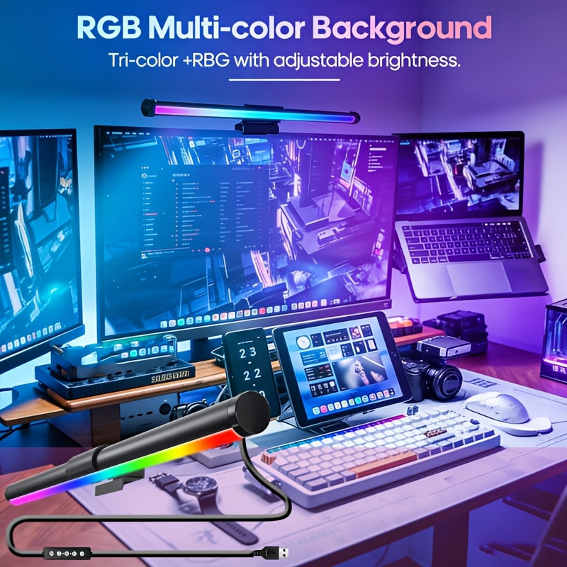 RGBW dual-sided screen light, computer screen ambiance light, indoor lighting tube, desk lamp, three-color adjustable, RGB幻彩, five-button USB wired control, 45-degree adjustable angle, computer light, eye-protection light, reading light