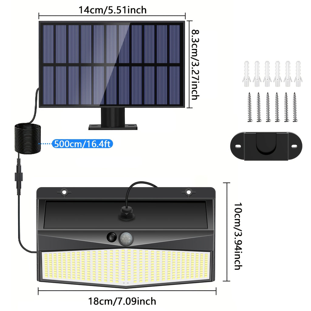 1 Outdoor Solar Light with 368 LEDs, Motion Sensor Light, IP65 Waterproof Rating, Porch and Garden Wall Light, with 3 Working Modes, Exterior Wall Light for Garage Front Door Fence, Cool White Light, with 16.4FT Cable, Also Suitable for Indoor