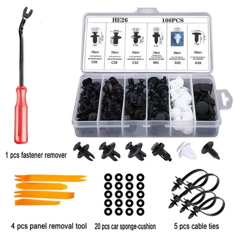 Automotive Retainer Clip Kit with 5 Removal Tools - 6 Sizes of Plastic Push-Type Trim Clips Fasteners, Car Body Bumper Fender Rivet Assortment for Trucks & Motorcycles