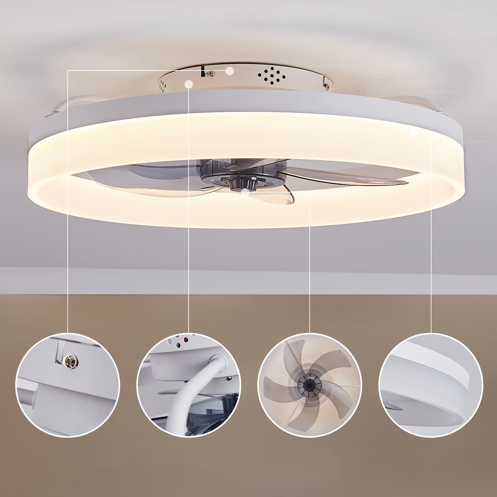 Ceiling Fan with Light & Remote, 19.7" Modern Low-Profile Ceiling Fan, Gradient Color Temperature & 6 Speeds, Flush Mount Ceiling Fan for Bedroom Kids Room (White)