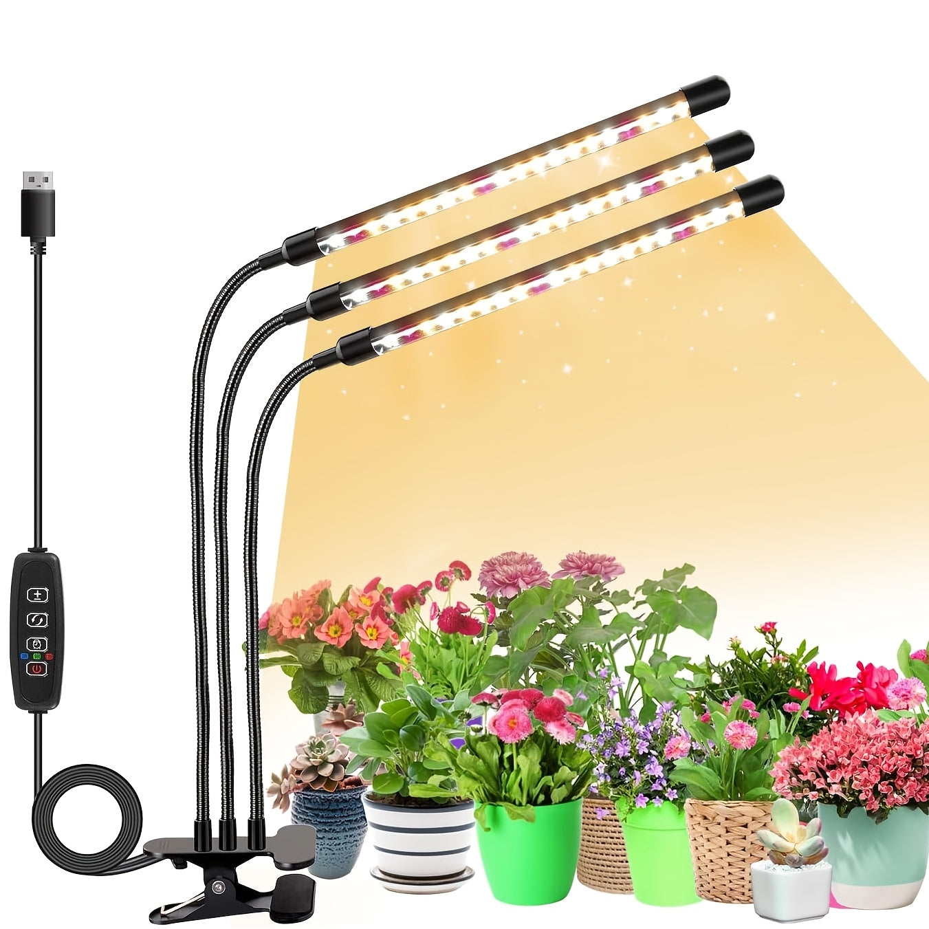 2-Head Full Spectrum LED Grow Light, USB Clip-On 5V Indoor Greenhouse Grow Lamp, Dimmable 3/9/12H Timer, Ideal for Seedlings Flowers Houseplants, Valentine's Day Gift