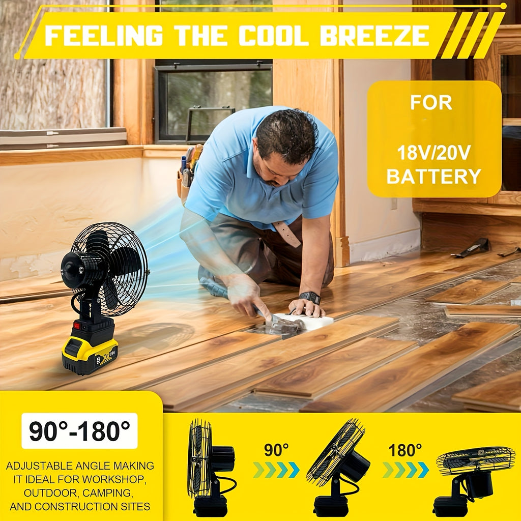18V/20V Battery Powered Portable Cordless Fan, Cordless Working Fan with Battery Supply, 20W 3500RPM Brushless Motor Fan with Low Voltage Protection, Industrial Grade USB Port (Battery Not Included)