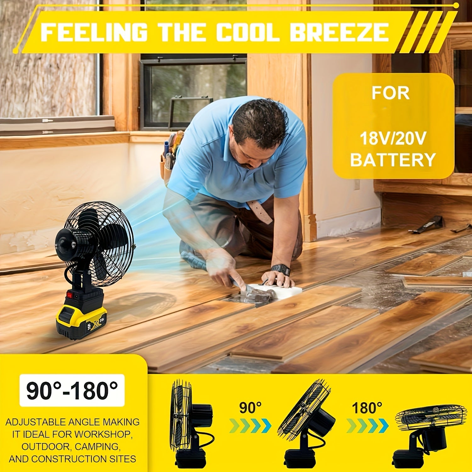 18V/20V Battery Powered Portable Cordless Fan, Cordless Working Fan with Battery Supply, 20W 3500RPM Brushless Motor Fan with Low Voltage Protection, Industrial Grade USB Port (Battery Not Included)