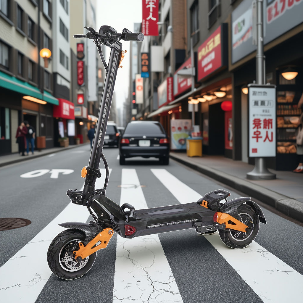 11英寸越野吸尘轮胎电动车，749W双电机驱动，60V-30Ah电池，440.92LB负载能力，双碟刹车，50km扁平地面续航 & 可折叠设计，适合旅行 & 通勤，城市通勤，长途骑行，坚固轮胎设计，轻量化车架，耐用结构，高性能电机，电动滑板车，双电机滑板车，通勤滑板车