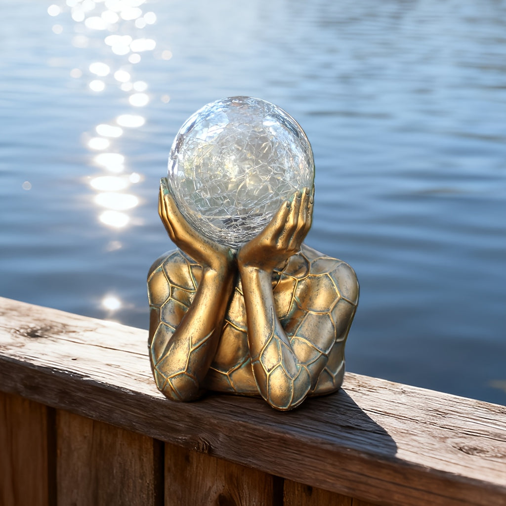 One-Piece Exquisite Hand-Holding Ball Statue, Solar Outdoor Statue Light, Garden Courtyard Lawn Ornament, Solar Light Sensing, Weather-Resistant Decoration, Illuminates Your Night Space, Holiday Decoration, Perfect Housewarming Gift.
