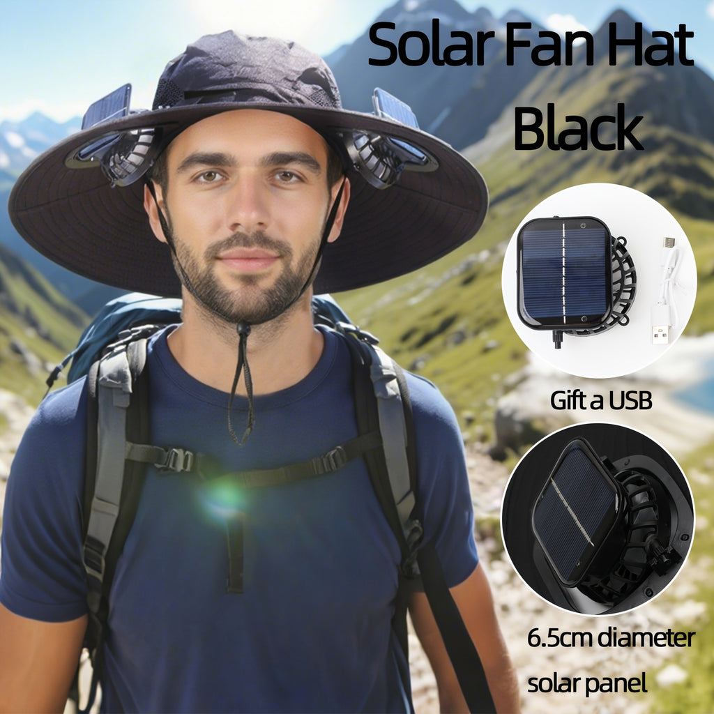 Solar Fan Hat, 800mAh Large Capacity Battery, 15cm Brim with Steel Wire Edging, UPF50+, Built-in 2 Pcs 180° Adjustable Fans, Solar & USB Dual Charging Support, Perfect for Beach, Camping, Fishing and Outdoor Activities