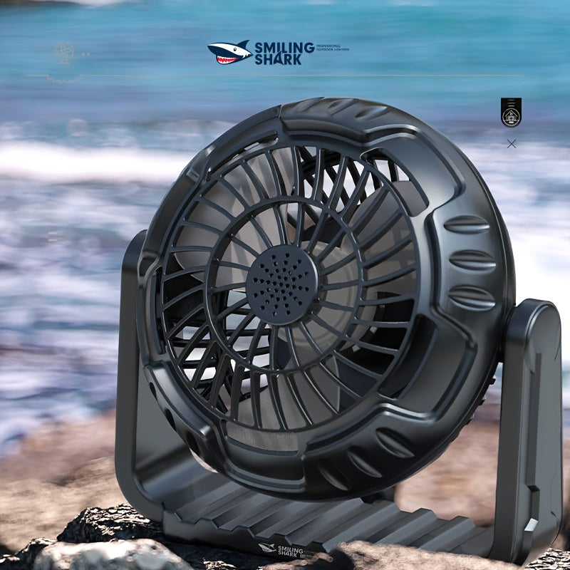 Smile Shark Camping Fan Rechargeable Portable Fan with Light, 360° Adjustable Bracket High Speed Desktop Fan, Essential for Camping Tent Travel Car Outdoor Indoor Barbecue Fishing Construction Site