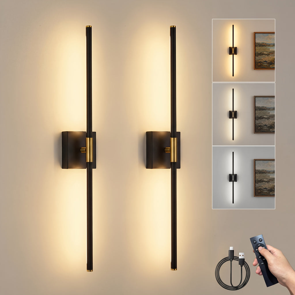 Battery Operated Wall Light Set, 2-Pack, Wireless Rechargeable Wall Light with Remote Control, 350° Rotation, 3000K/4000K/6500K Dimmable Battery Wall Light, Suitable for Living Room, Bedroom, 28.3 Inches