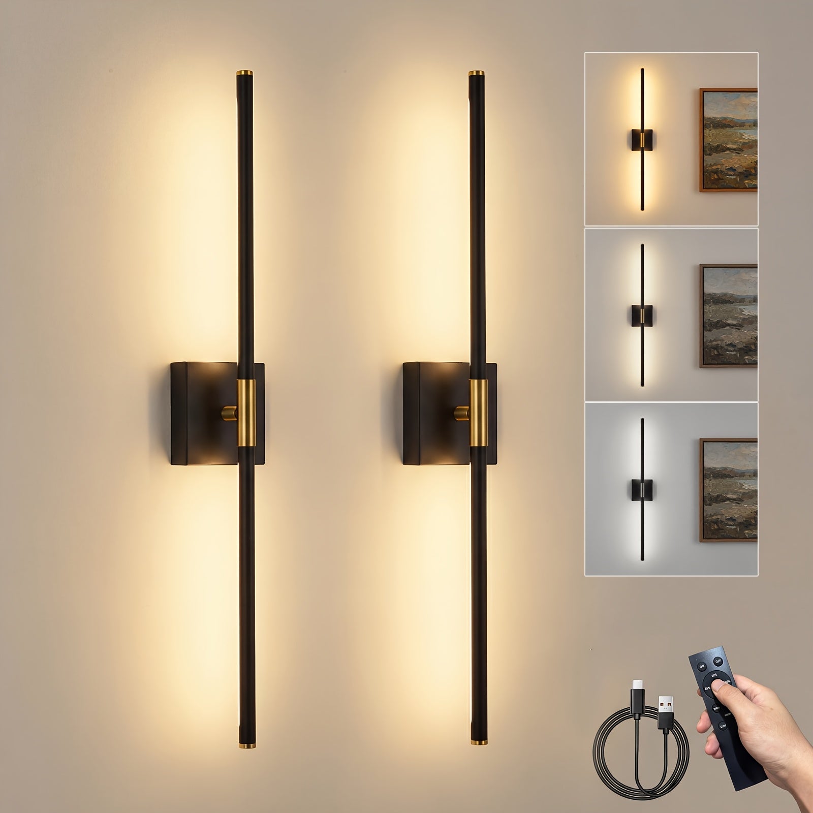 Battery Operated Wall Light Set, 2-Pack, Wireless Rechargeable Wall Light with Remote Control, 350° Rotation, 3000K/4000K/6500K Dimmable Battery Wall Light, Suitable for Living Room, Bedroom, 28.3 Inches