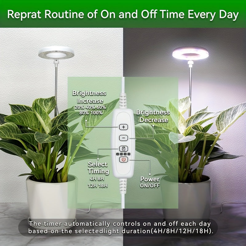 Full Spectrum 48-LED Energy-Saving Plant Grow Light, 5 Adjustable Brightness Levels, 4/8/12/18H Auto Timer, Retractable Pole (Approx. 7 to 17.6 Inches), Freely Height Adjustable & Easy Storag