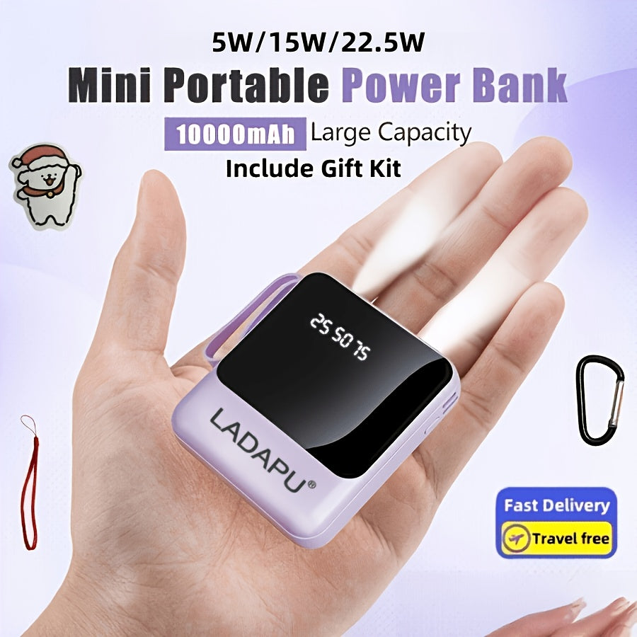 LADAPU 10000mAh Mini Cute 5W Slow Charging/15W Fast Charging/22.5W Super Fast Charging Power Bank, Large Capacity Rechargeable Portable Mobile Phone Charger, Built-in 4-in-1 Detachable Cable, Ultra-bright LED Light, Outdoor Travel Battery Packs
