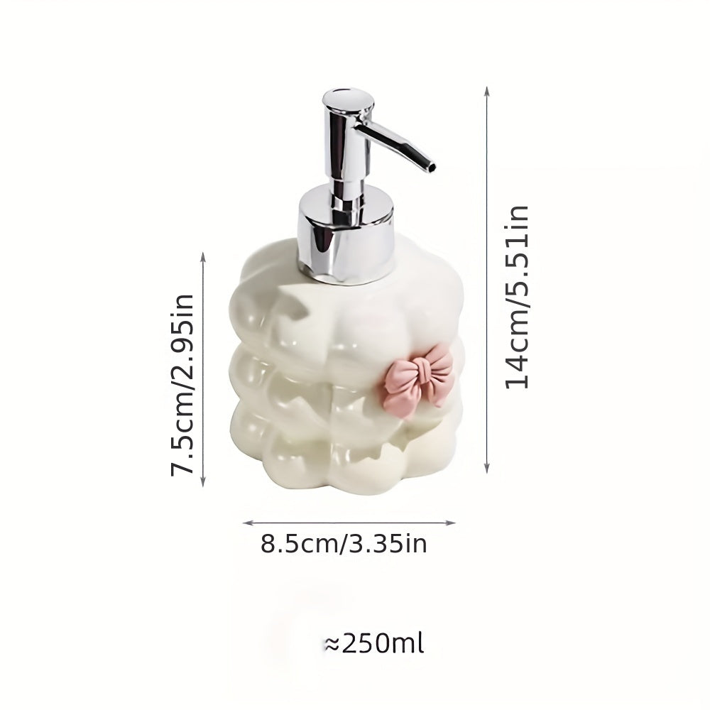 1 Ceramic Flower Design Soap Dispenser - Elegant Countertop Lotion & Shampoo Bottle, Refillable for Bathroom, 8.45oz, White with Pink Bow Accent, Perfect for Hand Soap or Body Wash, Bathroom Soap Dispenser