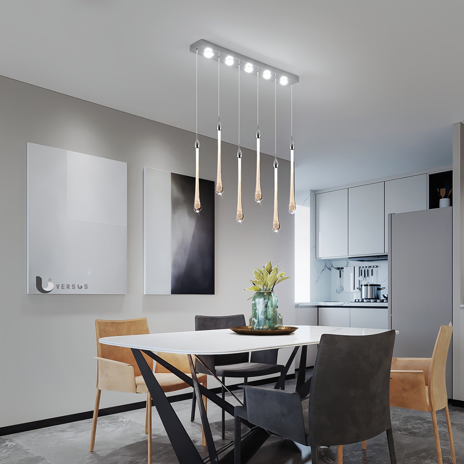 Qcyuui 6-light modern crystal teardrop pendant light - dimmable RGB-like color temperature (3000K-6000K) LED pendant light, with remote control, adjustable height and semi-flush mount installation, polished chrome finish