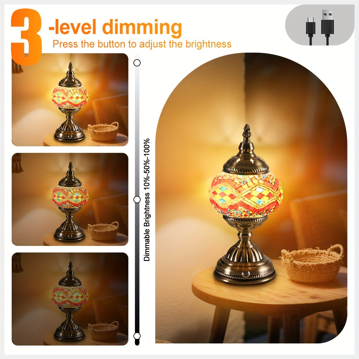 Turkish-Moroccan mosaic rechargeable night light, portable cordless table lamp, 3600mAh rechargeable battery, bohemian stained glass, handmade decorative light for bedroom, dining room, living room, office, holiday gift
