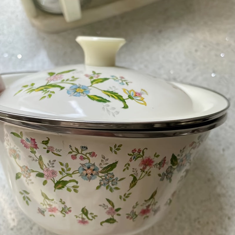 Multifunctional Enamel Thick Soup Bowl with Lid, Floral Pattern – Scratch-Resistant & Durable – Perfect for Home Cooking & Catering – Dishwasher Safe, Permanent Kitchen Essential