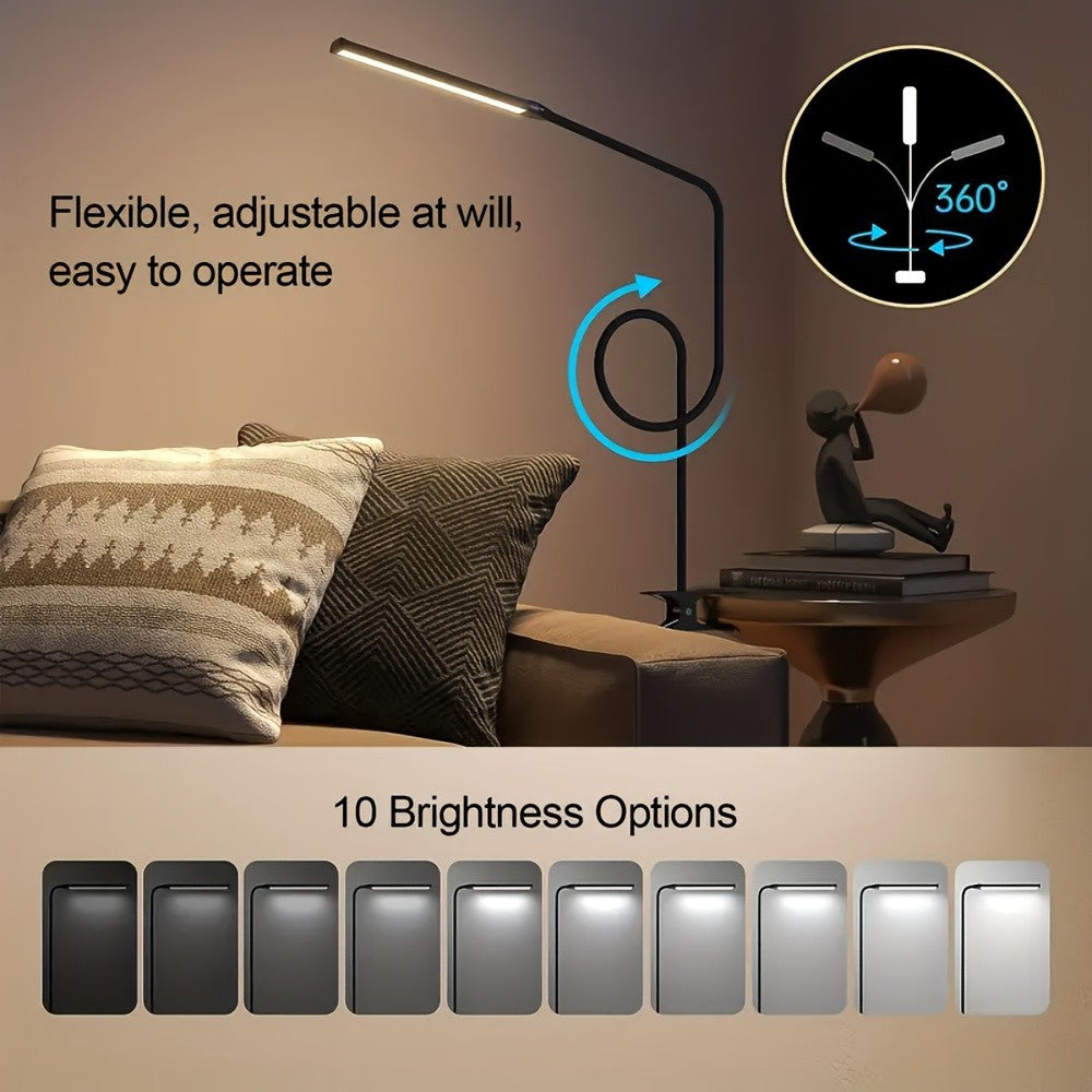 Clip-on desk lamp, soft gooseneck freely adjustable, adjustable brightness and dimmable, one-key switch: white light (efficient work), warm yellow (comfortable leisure), yellow light (romantic atmosphere), suitable for living rooms, studies