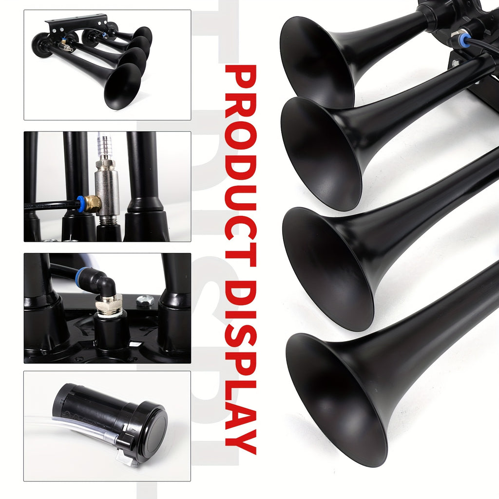 ALLREY Truck Air Horn Train Horn 12V 4-Horn Car Horn Super Loud Air Horn with Compressor, Fits Vehicles Trucks Cars Pickup Jeep SUV Train Boat, Matte Black Silver Red