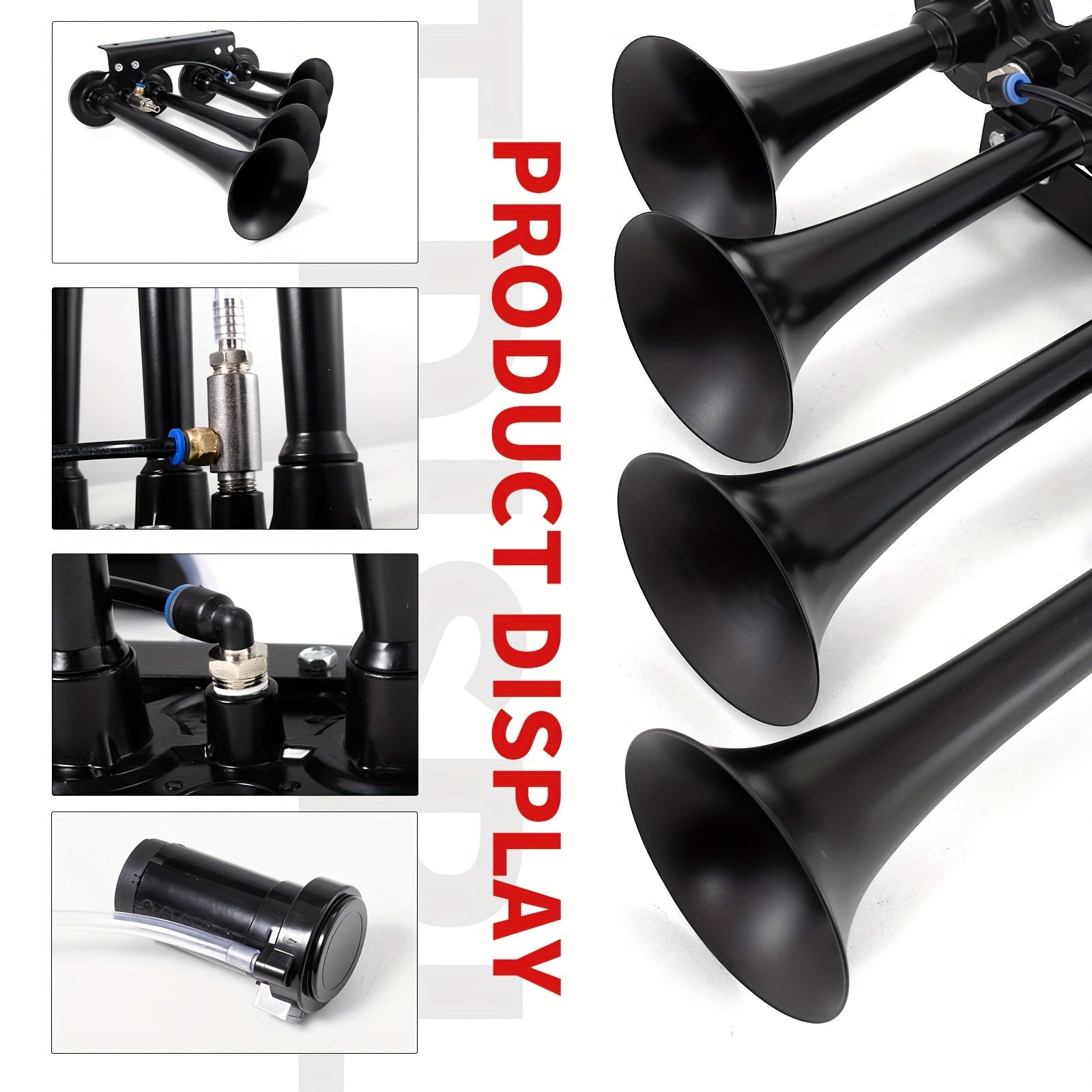 ALLREY Truck Air Horn Train Horn 12V 4-Horn Car Horn Super Loud Air Horn with Compressor, Fits Vehicles Trucks Cars Pickup Jeep SUV Train Boat, Matte Black Silver Red