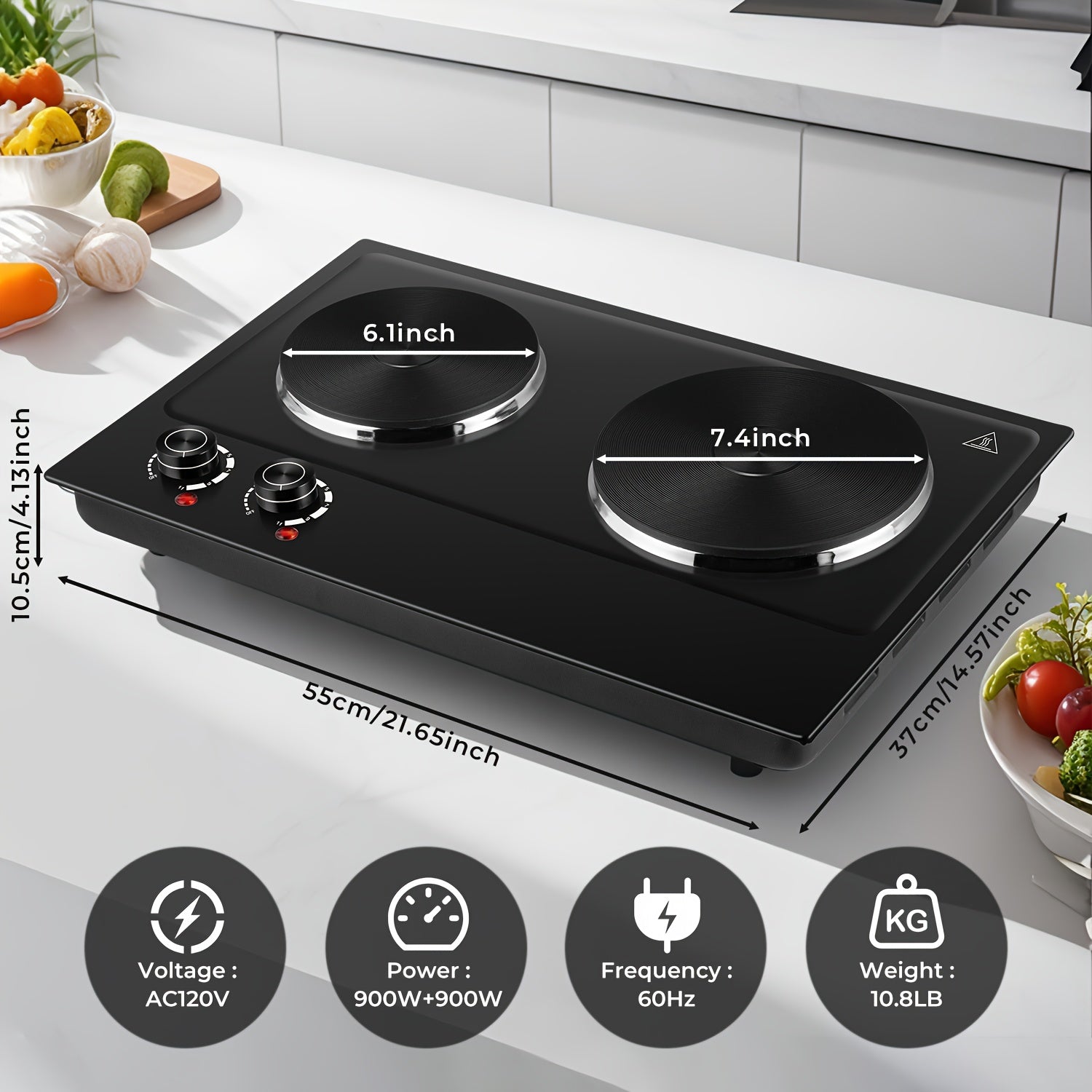 CUSIMAX Electric Hot Plate, Portable Double Burner Electric Stove, 1800W Cast Iron Double Cooktop, Compatible with All Types of Cookware, Stainless Steel