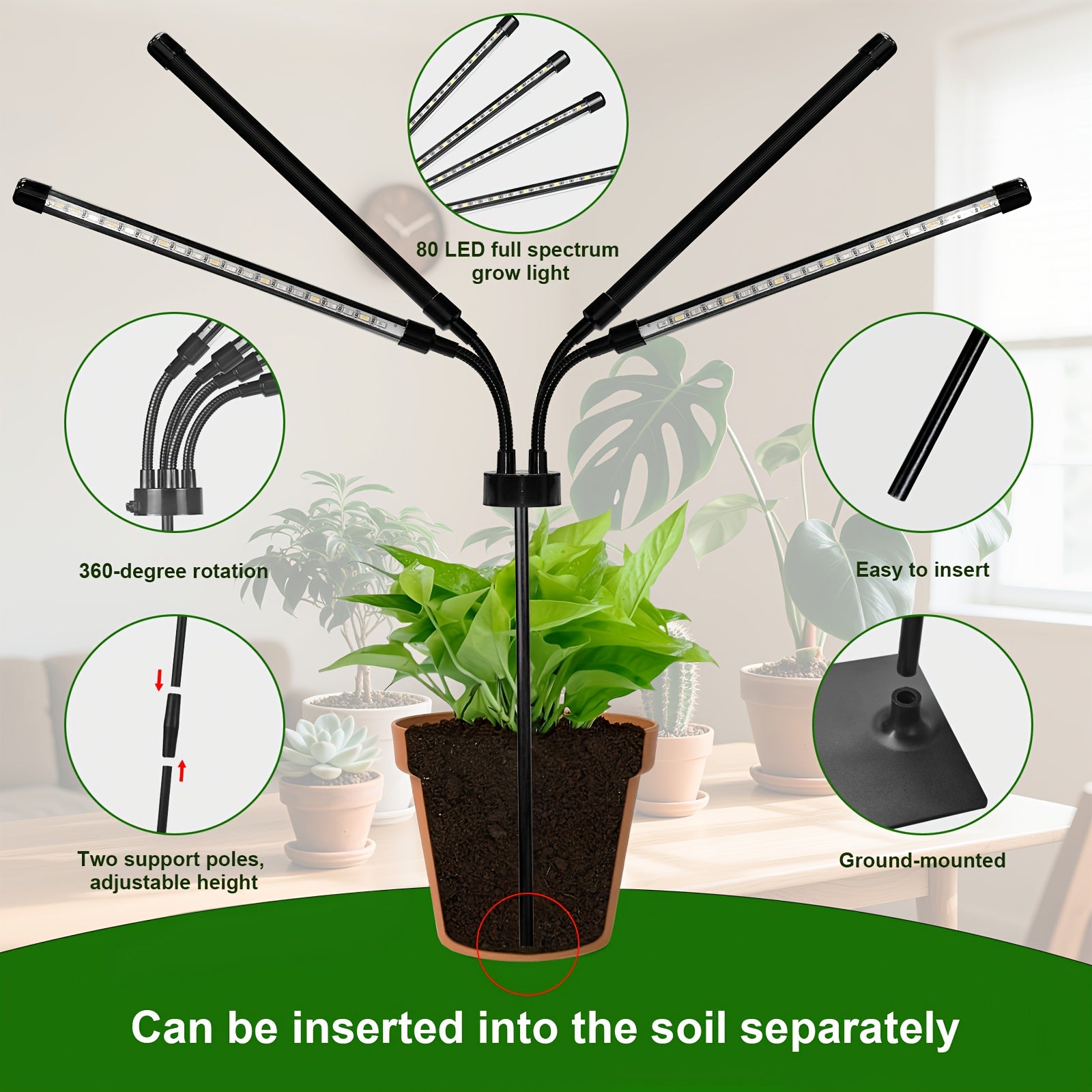 4-Head Plant Grow Light with Base, White & Warm White Spectrum for Indoor Plants, 10 Brightness Levels, 3/9/12H Timer, 3 Switch Modes, Adjustable Gooseneck, Ideal for All Kinds of Indoor Plant Growth