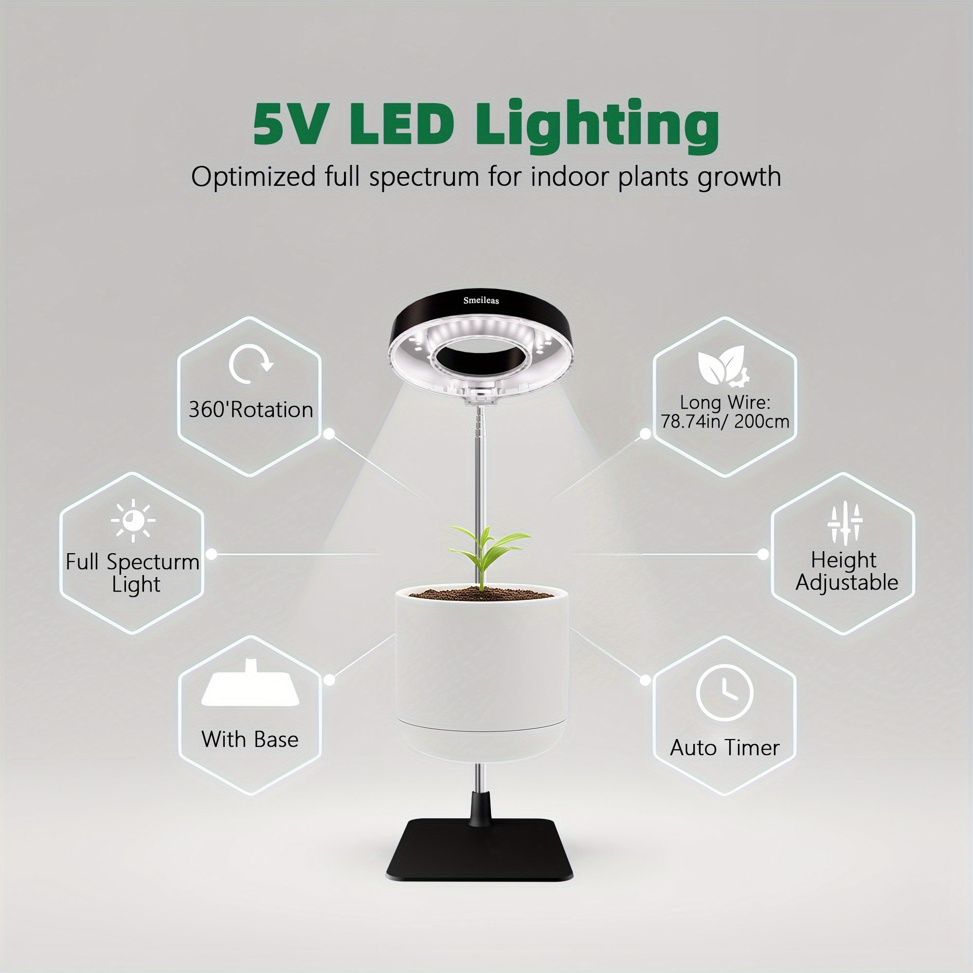 2-Pack Smeileas Full Spectrum Magnetic LED Grow Light, 3/6/9H Auto Timer, 4 Brightness Levels, 360° Rotatable, Height Adjustable & Detachable Lamp Head, Perfect for Syngonium, Aglaonema, Succulents, Mint & Plant Lovers