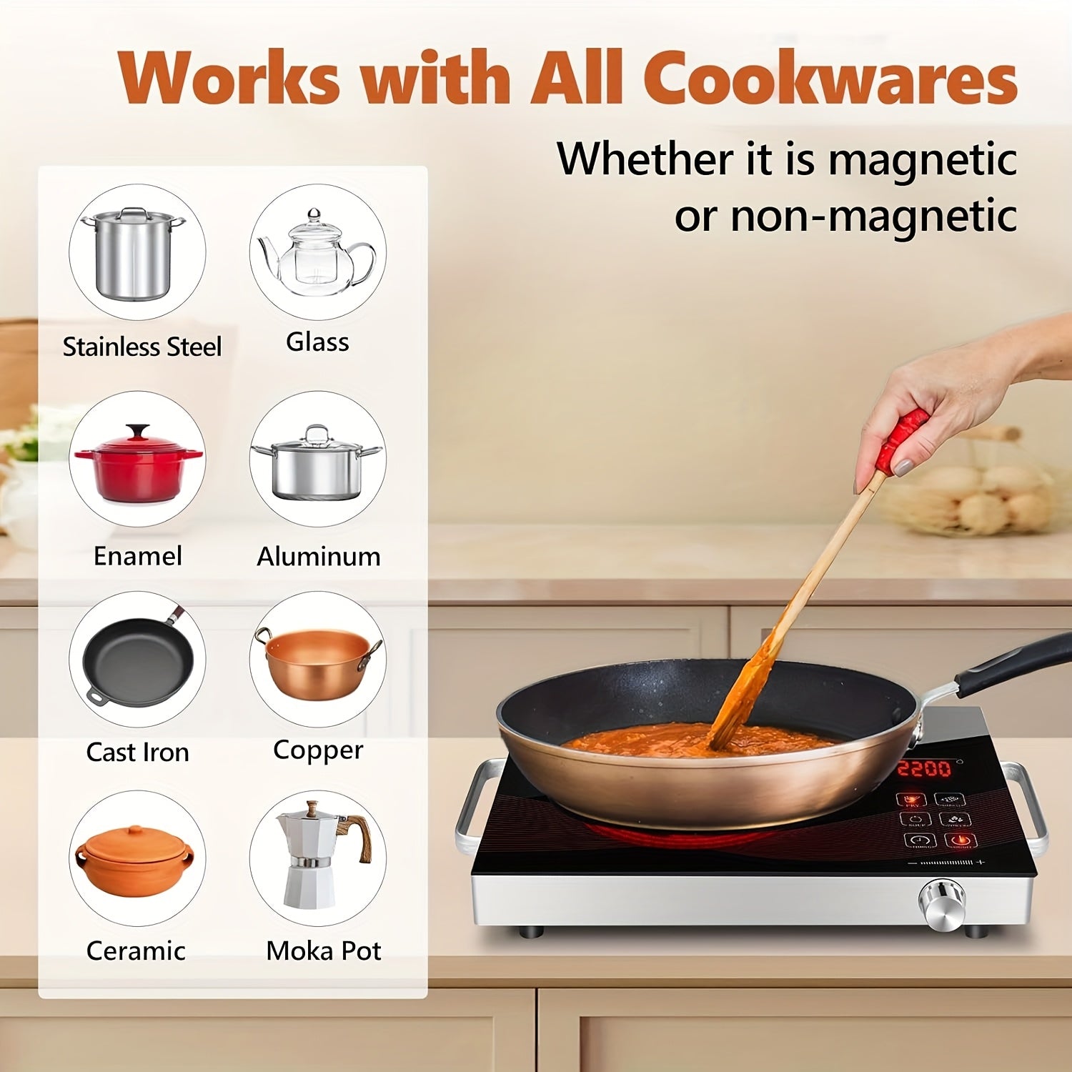 Electric Ceramic Cooktop, Induction Cooktop, Infrared Heating Plate, 2200W Portable Electric Cooking Appliance with Adjustable Temperature Settings, Dual Control Options