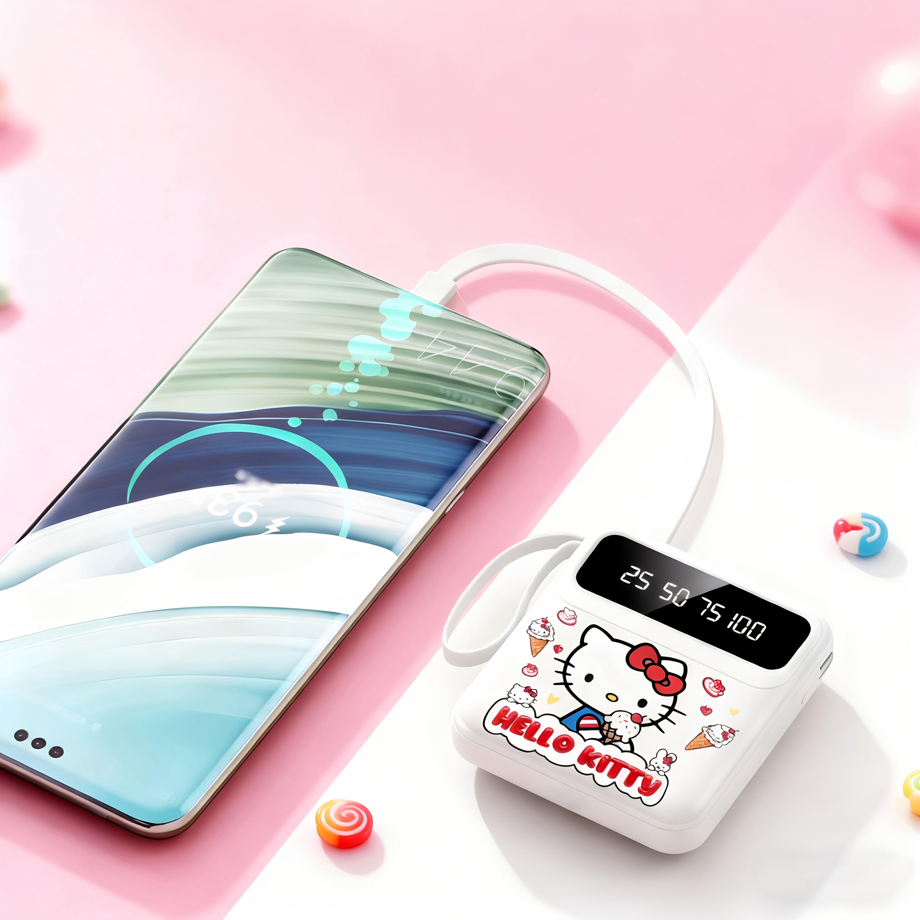 Sanrio Hello Kitty Mini Cute Multifunctional Power Bank, Cartoon Pattern Rechargeable Portable Mobile Phone Charger, Built-in 4 Cables, Ultra-bright LED Lights, for Outdoor Travel & Commuting, for iPhone/Android Universal Mobile Power Bank