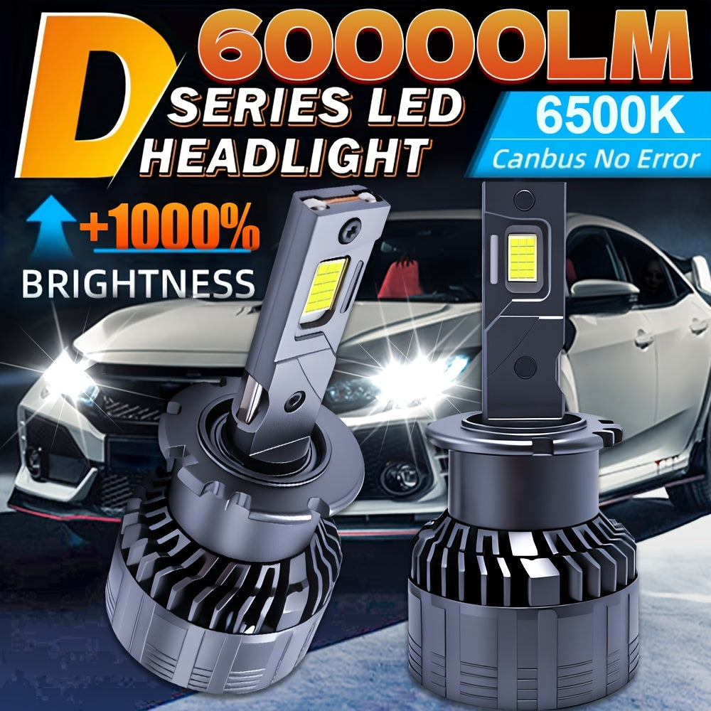 2-Pack LED Car Headlights, Compatible with D1S/D2S/D3S/D4S Sockets, High/Low Beam Dual Mode, 60,000 Lumens Brightness, 6500K Color Temperature, Built-in Fast Cooling Fan in Housing