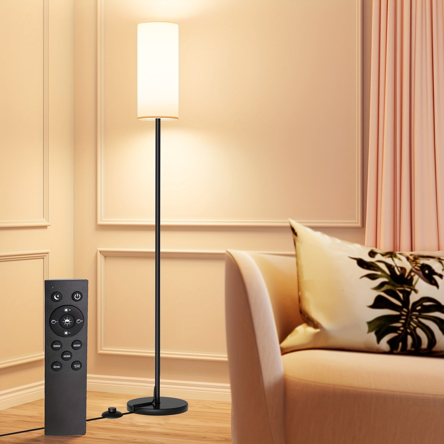 LED floor lamp, dimmable with lampshade and LED bulb (3000K-6500K), self-adjusting color temperature tall lamp for bedroom, equipped with foot switch and remote control