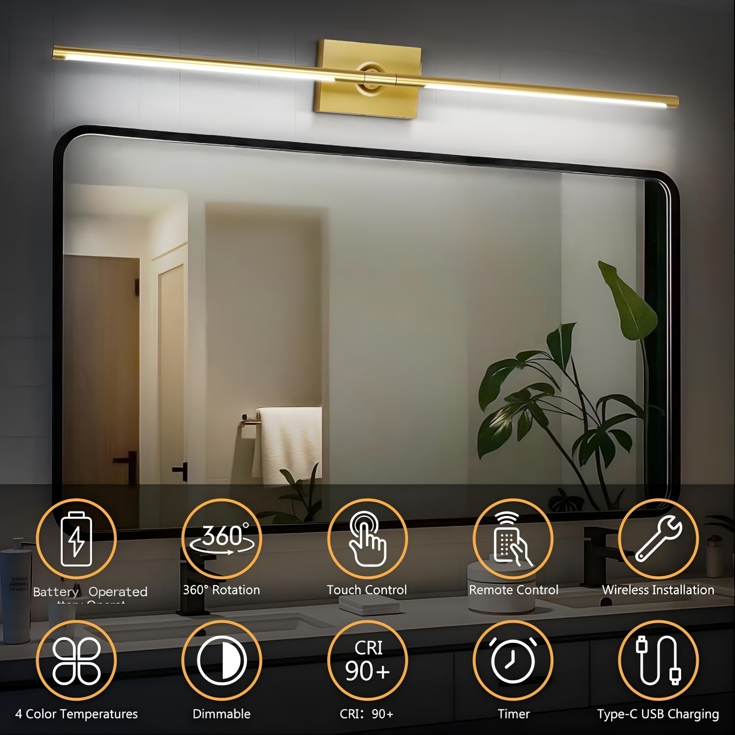 Removable Rechargeable Battery Powered, 31.5-Inch Wireless Wall Light, 360° Adjustable Lighting Angle: Features Include 4 Color Temperatures, Infinite Dimming, Touch and Remote Control Options