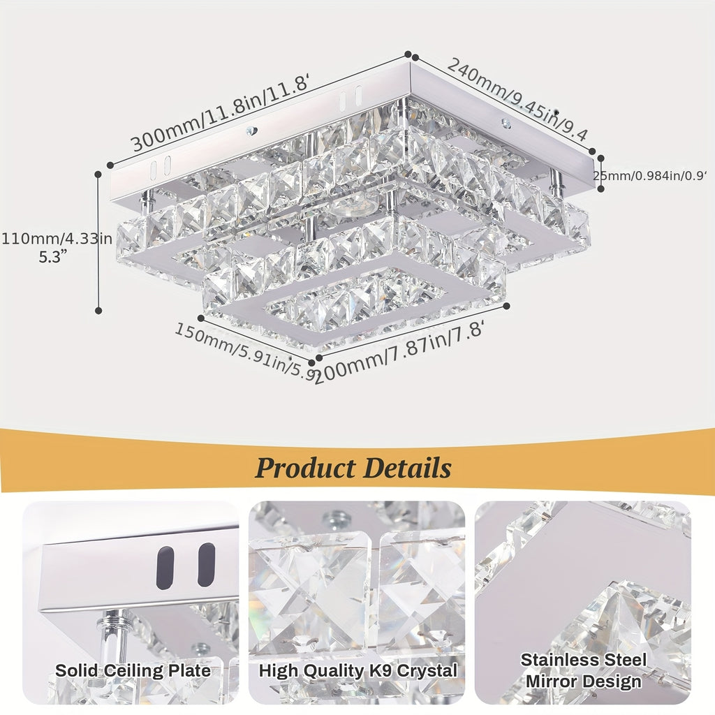 Modern rectangular crystal LED ceiling light, with K9 stainless steel, flush mount chandelier, suitable for living room, bedroom and dining room (dimmable)
