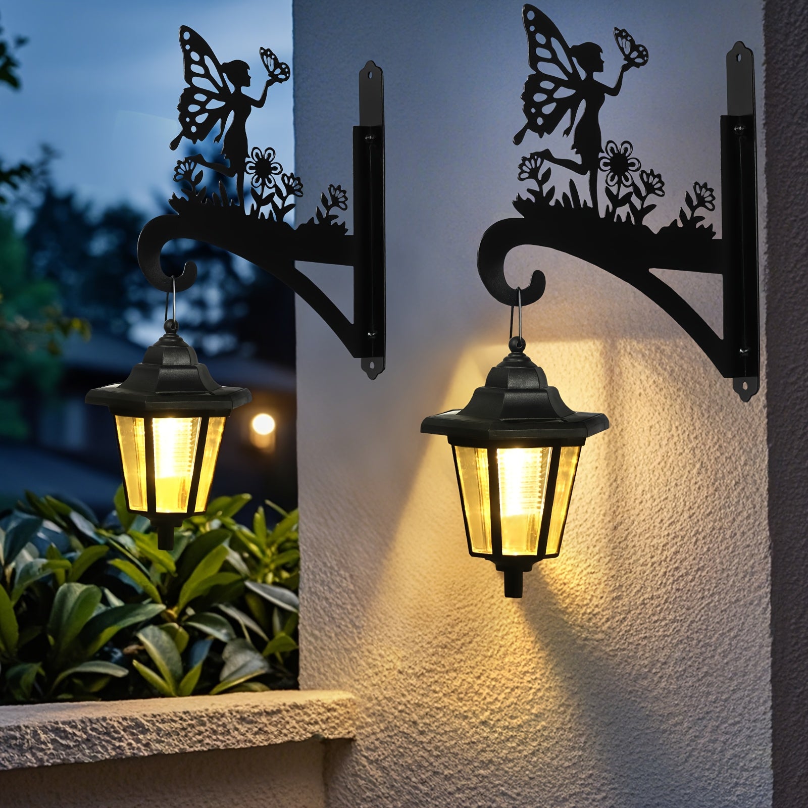OTDECOR 2-Pack Outdoor Hook Wall Light with LED Lantern, IPX4 Butterfly Flower Fairy Silhouette Iron Wall Decoration, Suitable for Balcony, Courtyard, Walkway Decoration, Ideal Choice for Outdoor Decoration.