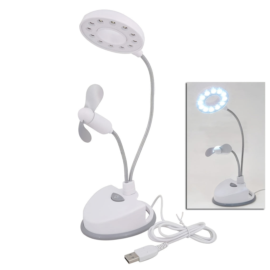 2-in-1 Portable Desk Lamp with Mini Fan, 12 LEDs Flexible Double Gooseneck Reading Lamp, Battery or USB Powered, Compact Desk Accessory for Office & Dorm