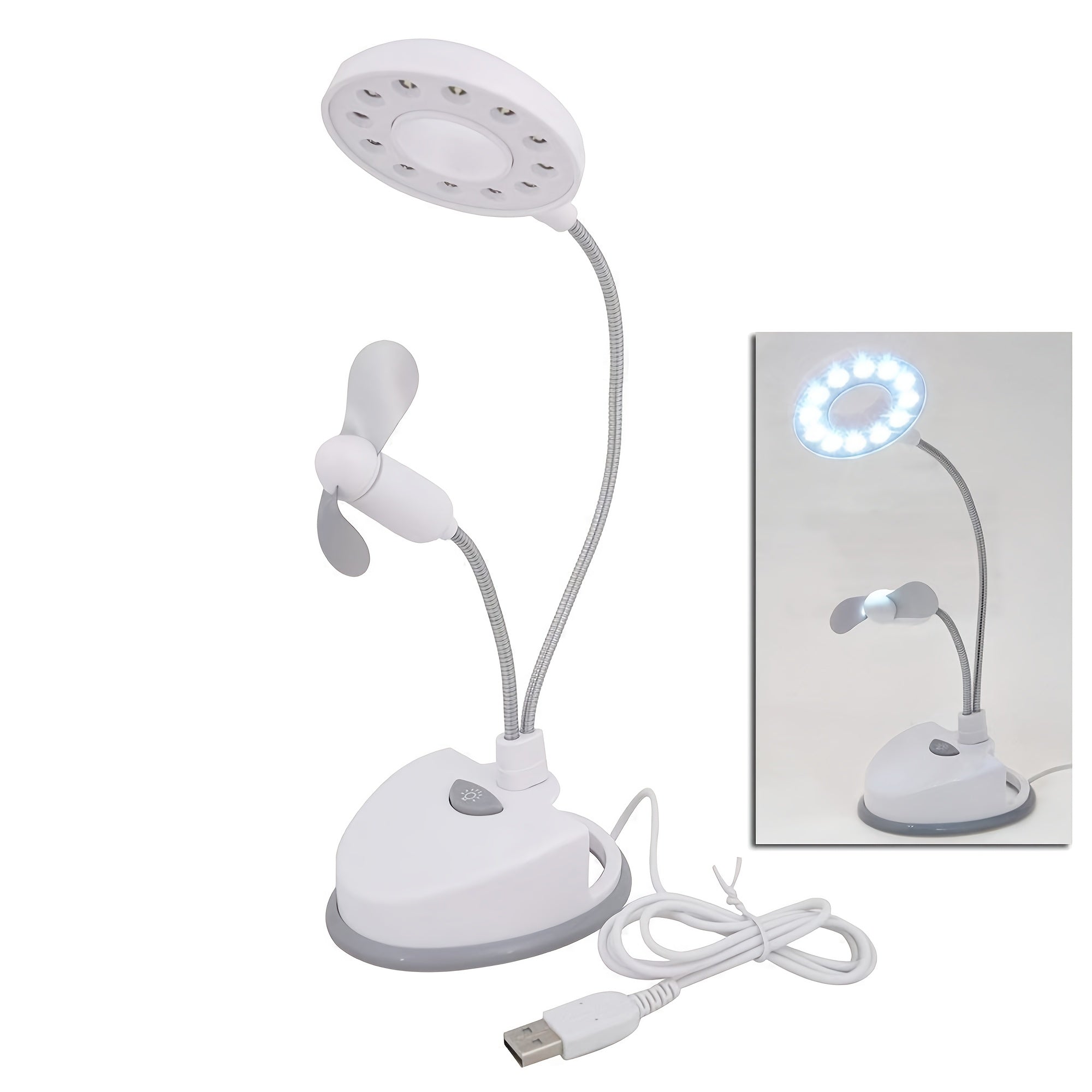 2-in-1 Portable Desk Lamp with Mini Fan, 12 LEDs Flexible Double Gooseneck Reading Lamp, Battery or USB Powered, Compact Desk Accessory for Office & Dorm