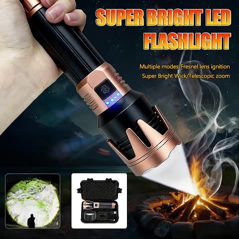 All-Aluminum Flashlight, Includes Small Storage Pouch, Equipped with Durable 5000mAh Battery, Zoomable Lens, Fresnel Lens Ignition Function, A Great Gift Idea. Features a Hands-Free Lanyard Design