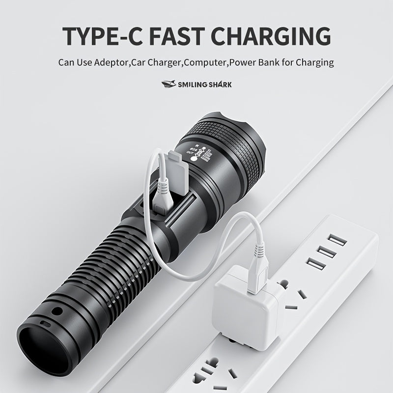 1PC SMILING SHARK Rechargeable Flashlight Super Bright Tactical Flashlight Zoomable LED Spotlight 3 Lighting Modes Portable Light for Hiking Camping Fishing Outdoor Emergency SD5242A