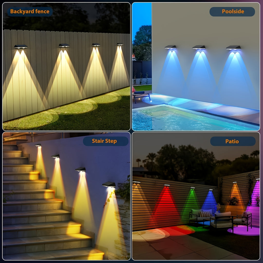 4/2 Solar Fence Light, Multicolor Garden Wall Light, Area Floodlight, 9 Modes, Dusk to Dawn Lighting, Suitable for Courtyard/Railing/Steps/Stairs and Walls, Commercial Street Lighting, Christmas and Birthday Gift