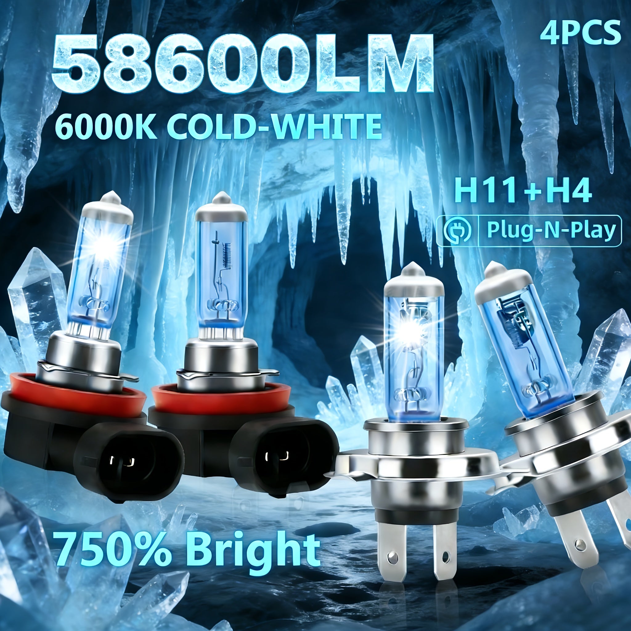 4-Pack LED Car Headlights, Bright Plug-and-Play 6000K White Light, Compatible with 9005/9006/H7/H1/H4/H11 Sockets, Total Luminous Flux 58600 Lumens, High/Low Beam Integrated Fog Light, Fast Heat Dissipation