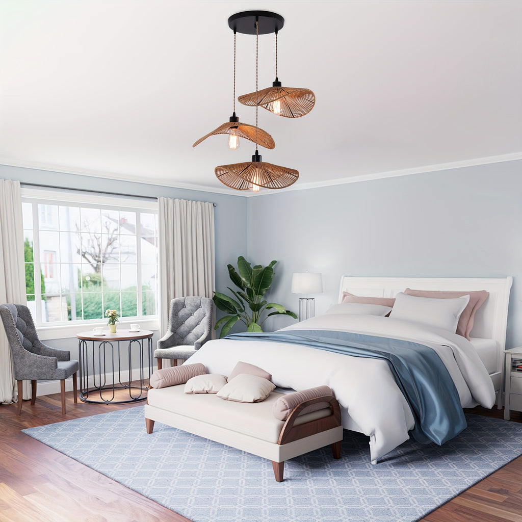 Enkerr three-light hand-woven bamboo rattan pendant light - modern bohemian style height-adjustable hanging lamp, natural wood grain finish, E26 base (bulb not included), dimmer compatible, suitable for farmhouse, bedroom, living room