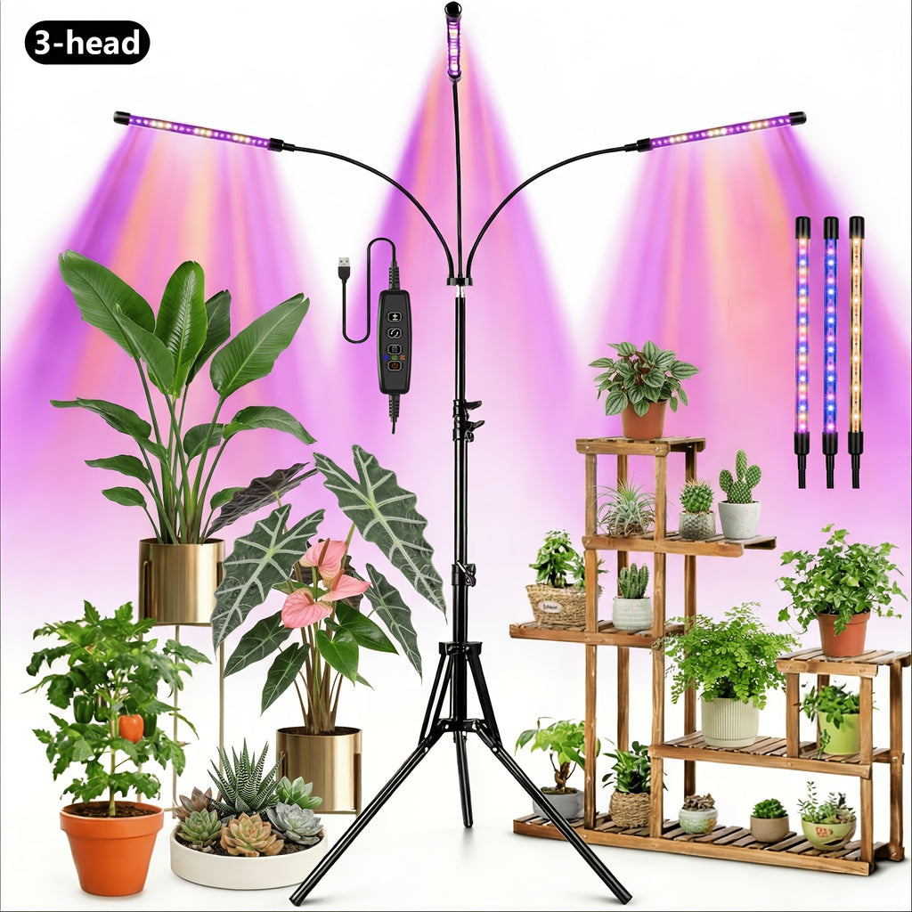 3-Head Foldable Strip Plant Grow Light, Adjustable Height & Irradiation Angle, Foldable Bracket with Timing Function, Ideal for Indoor Succulent Seedling Growth and Supplemental Lighting