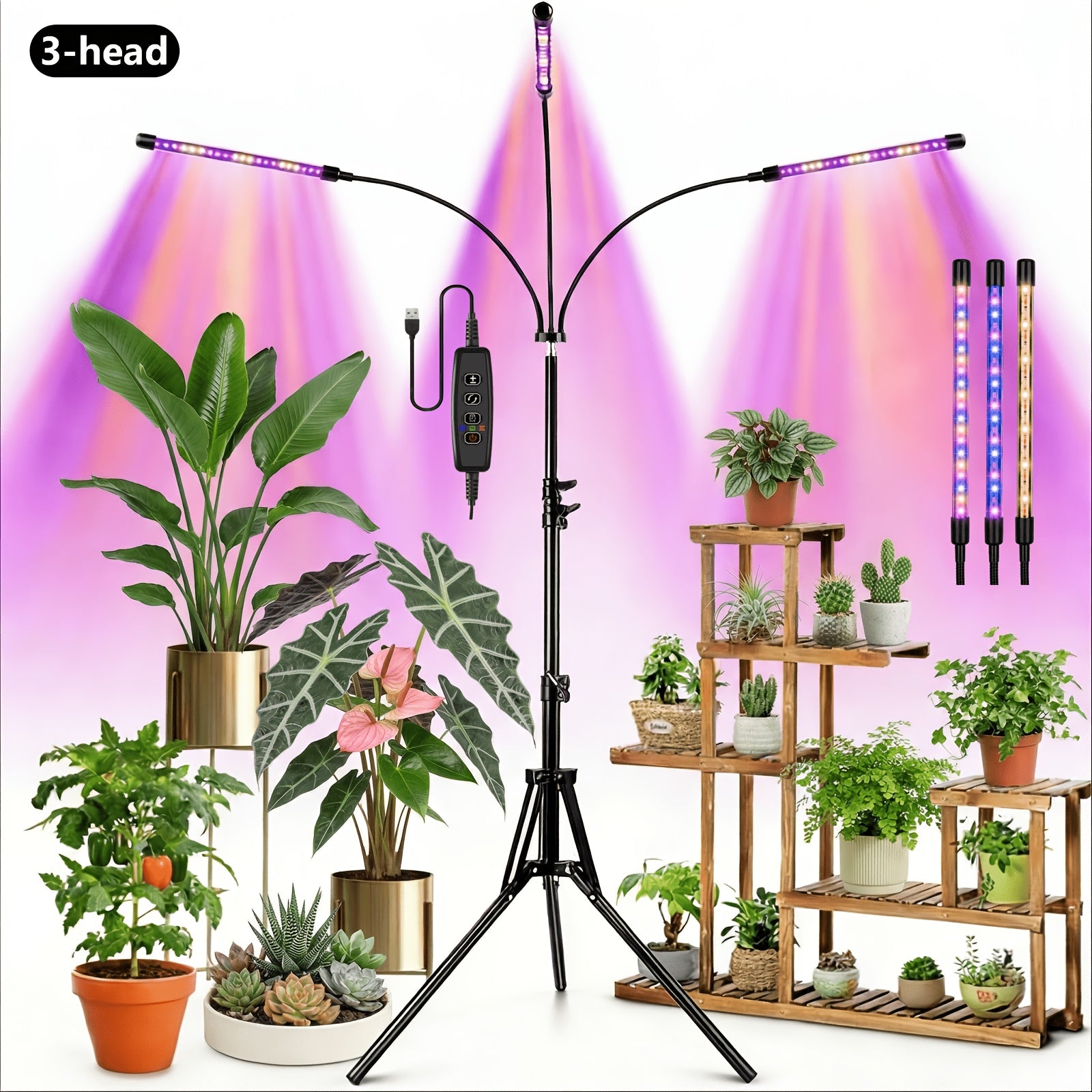 3-Head Foldable Strip Plant Grow Light, Adjustable Height & Irradiation Angle, Foldable Bracket with Timing Function, Ideal for Indoor Succulent Seedling Growth and Supplemental Lighting