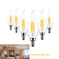 A set of 6 dimmable E12 flame-shaped LED bulbs, emitting 2700K warm white light, power equivalent to 4W/6W to 40W/60W, glass housing, suitable for replacement in living rooms, bedrooms and dining rooms